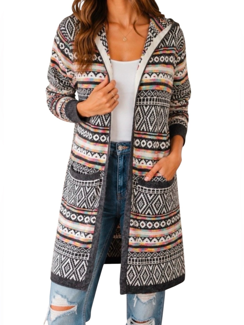 Monteau Bohemian‎ Aztec Print Style Hooded Printed OpenFront Cardigan Size Small